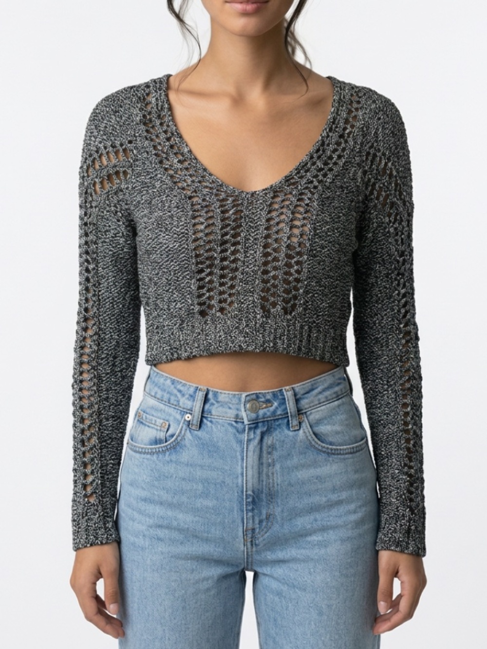 NASTY GAL • Marled Open Knit Cropped Sweater Black Gray XS